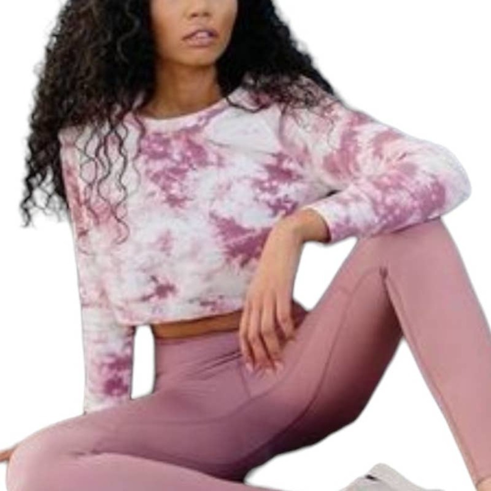 Balance Athletica Tie Dye Essence Crew Crop Sweatshirt M Pink White Embossed